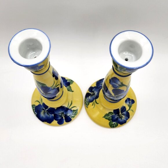 Candlesticks Andrea By Sadek French Country Yellow /Blue Violets Floral Ceramic - Picture 2 of 8
